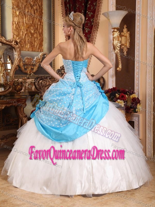 Cute Blue and White Taffeta and Tulle Quinces Dress with Flowers and Lace
