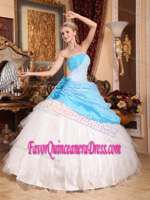 Cute Blue and White Taffeta and Tulle Quinces Dress with Flowers and Lace