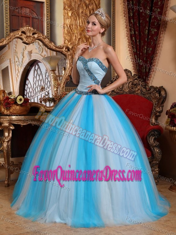 New Arrival Sweetheart Blue Tulle Full-length Quince Dresses with Beading