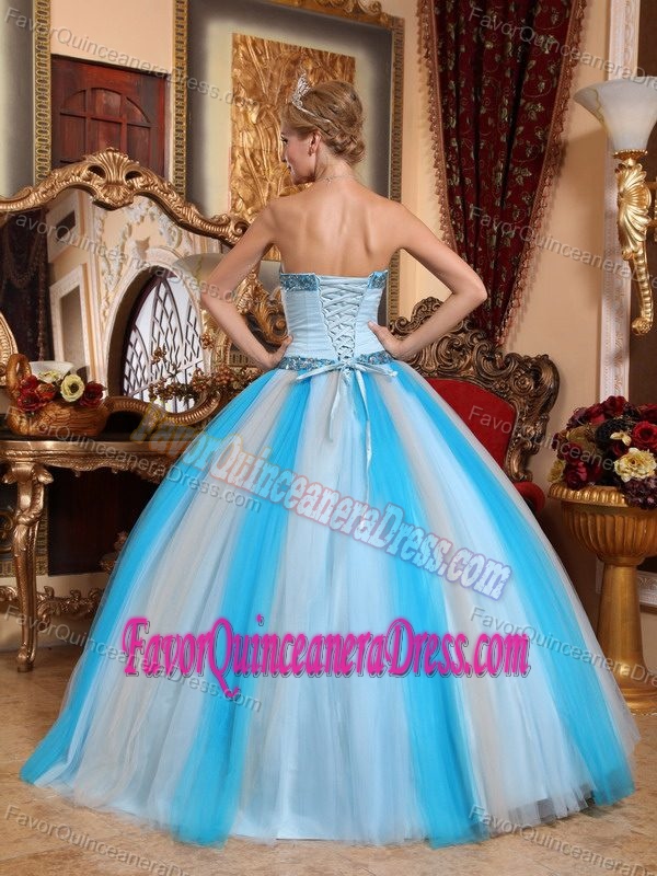 New Arrival Sweetheart Blue Tulle Full-length Quince Dresses with Beading