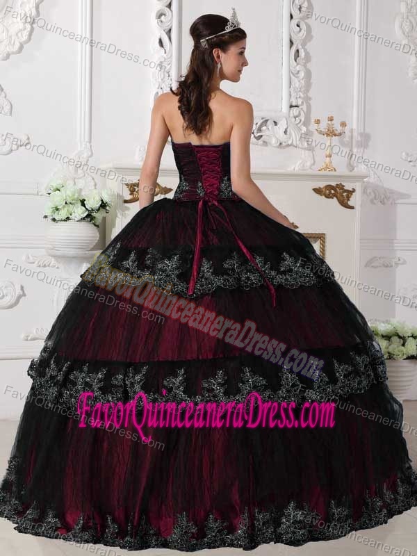 Luxurious Black and Pink Strapless Dress for Quince with Appliques in Tulle