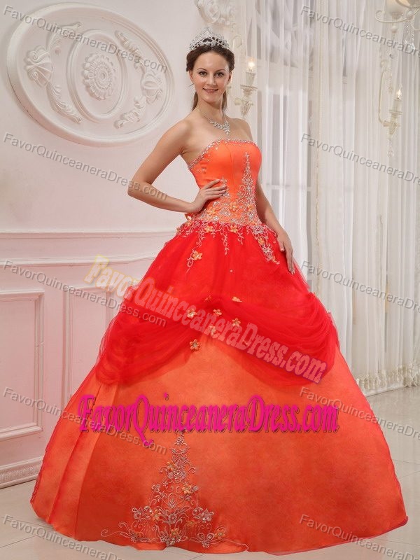 Hot Sale Orange Taffeta and Tulle Strapless Quince Dresses with Appliques