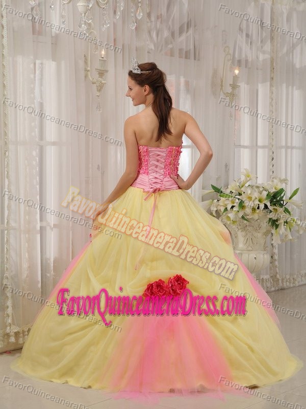 Perfect Pink and Yellow Taffeta and Tulle Sweet Sixteen Dress with Flowers