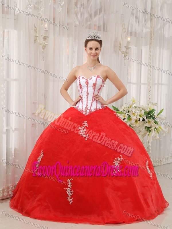 Lovely White and Red Taffeta and Organza Quinces Dresses with Appliques