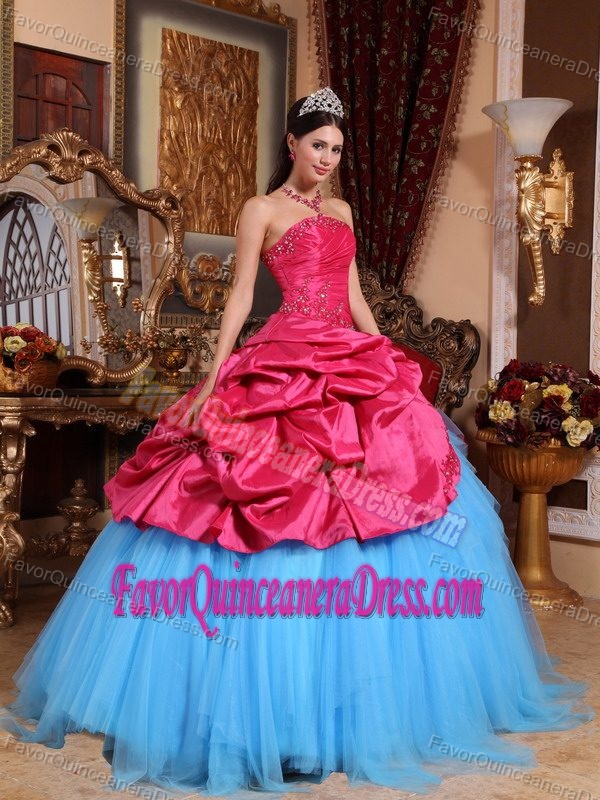 Hot Sale Red and Blue Taffeta and Tulle Sweet Sixteen Dress with Pick-ups