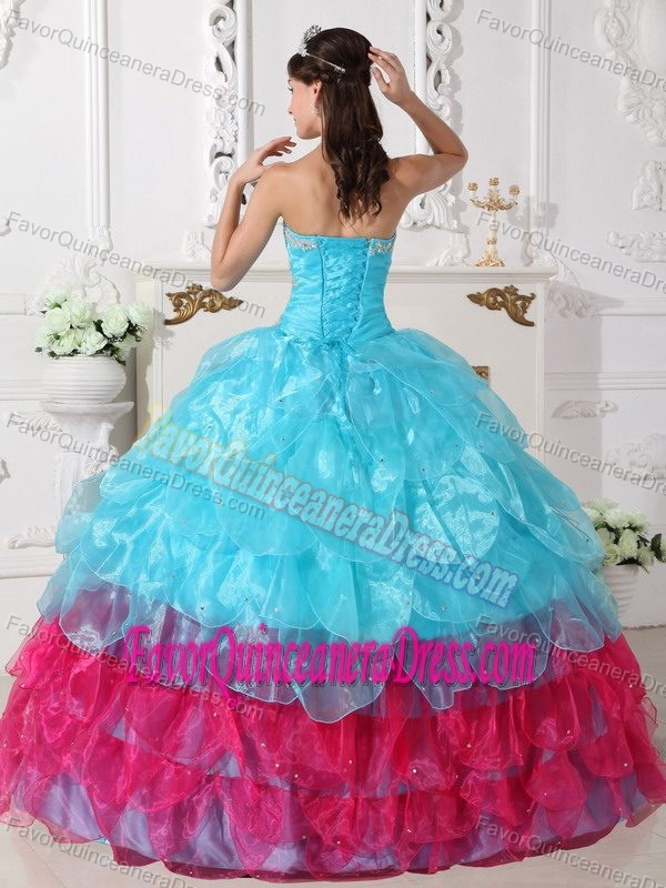 Special Aqua and Pink Organza Quinces Dresses with Appliques and Layers