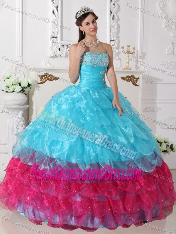Special Aqua and Pink Organza Quinces Dresses with Appliques and Layers