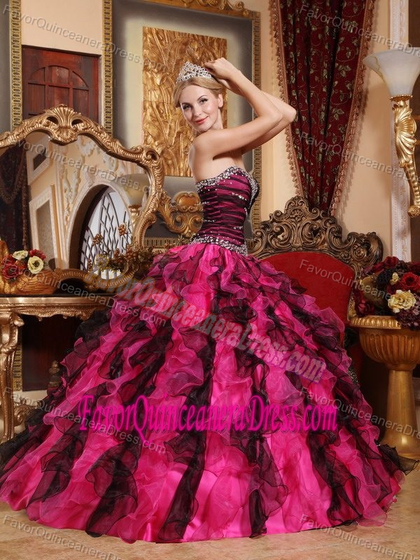 Wholesale Black and Red Organza Beaded Quinceanera Gowns with Ruffles