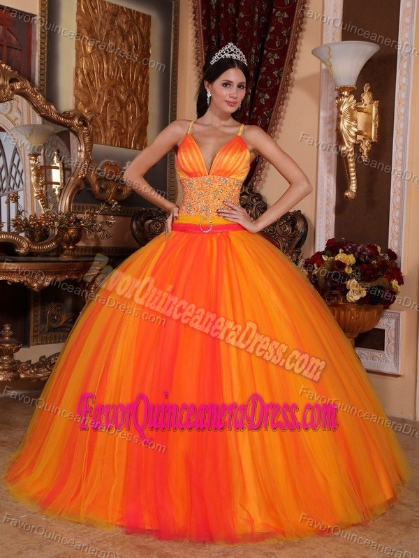 New Arrival Orange Red Tulle Beaded Sweet Sixteen Dress with Crisscross