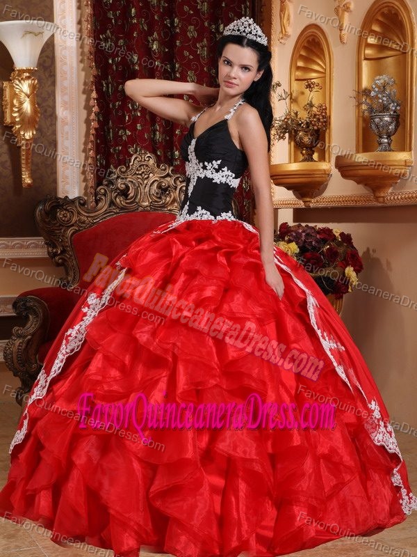 Sexy Halter Black and Red Quinceanera Dresses with Appliques and Ruffles