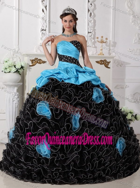 Special Blue and Black Organza Dress for Quinceanera with Rolling Flowers