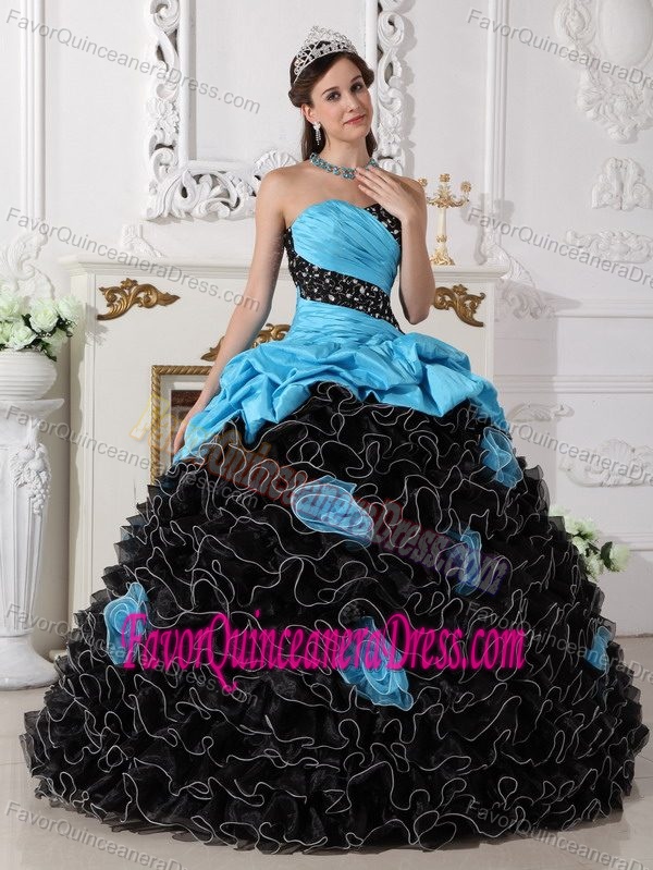 Special Blue and Black Organza Dress for Quinceanera with Rolling Flowers