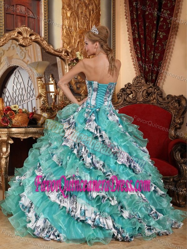 Hot Sale Colorful Printed Quinceanera Gown Dresses with Ruffles in Organza