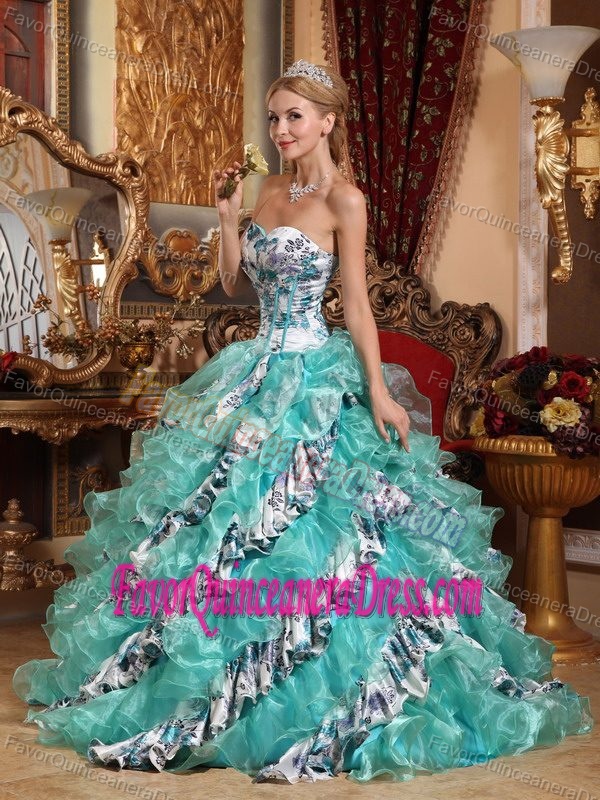 Hot Sale Colorful Printed Quinceanera Gown Dresses with Ruffles in Organza