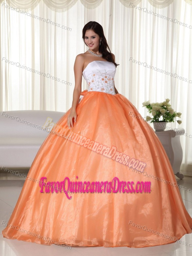 Cute White and Orange Strapless Quinces Dress with Embroidery in Organza