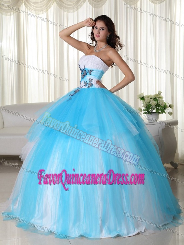 Hot Sale White and Aqua Tulle Strapless Quinceaneras Dress with Appliques