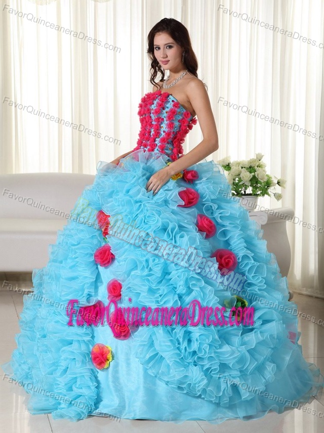 New Style Aqua Blue Organza Quinceanera Gowns with Flowers and Ruffles