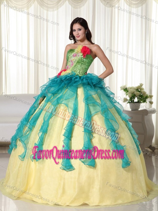 Unique Multi-color Strapless Dress for Quinceanera with Flowers in Organza