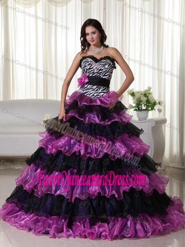 Special Zebra Colorful Organza Quinceanera Gowns with Ruffles and Flower