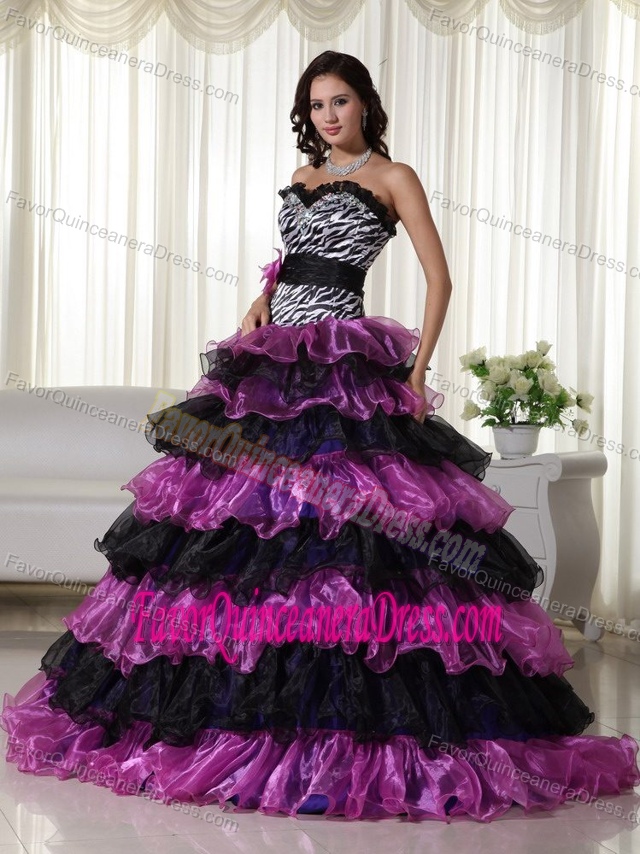 Special Zebra Colorful Organza Quinceanera Gowns with Ruffles and Flower