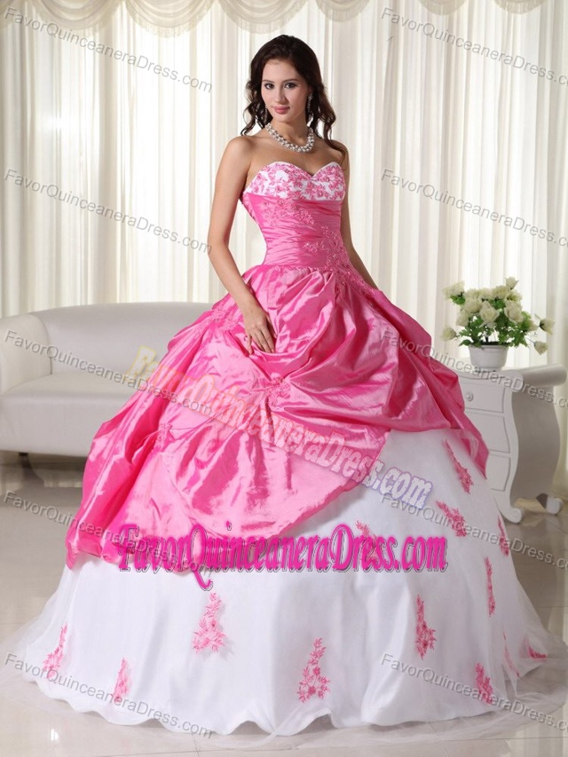 Lovely White and Rose Pink Quinceaneras Dresses with Appliques in Taffeta