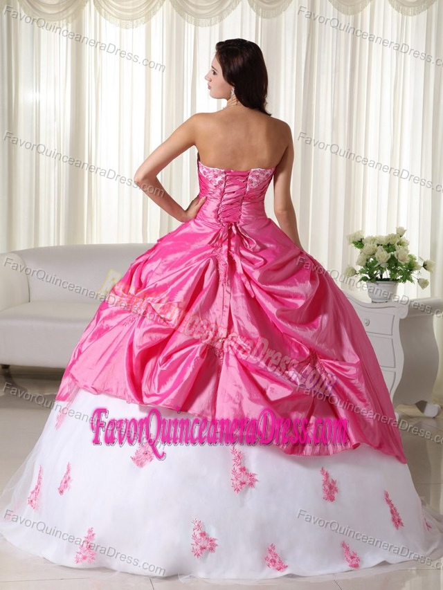 Lovely White and Rose Pink Quinceaneras Dresses with Appliques in Taffeta