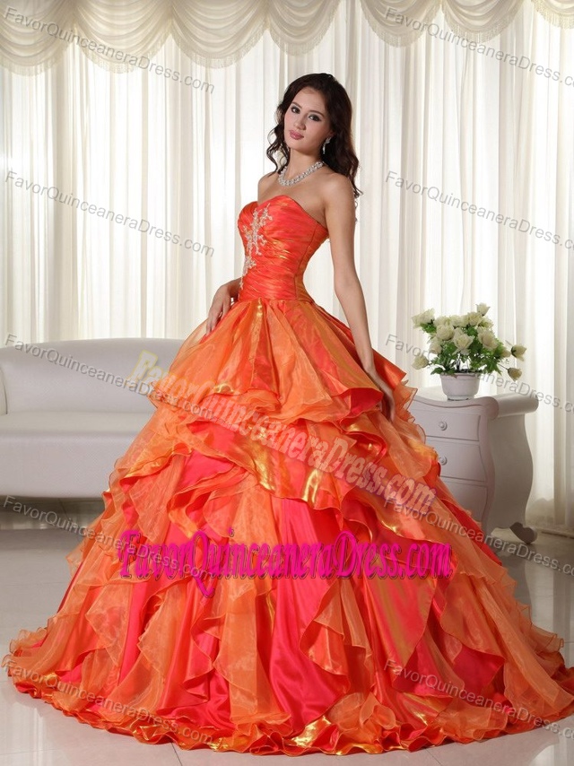 Popular Orange Sweetheart Organza Quinceaneras Dress with Ruffle-layers