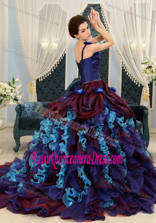 Latest Colorful Flowers One Shoulder Organza Quinces Dresses with Ruffles