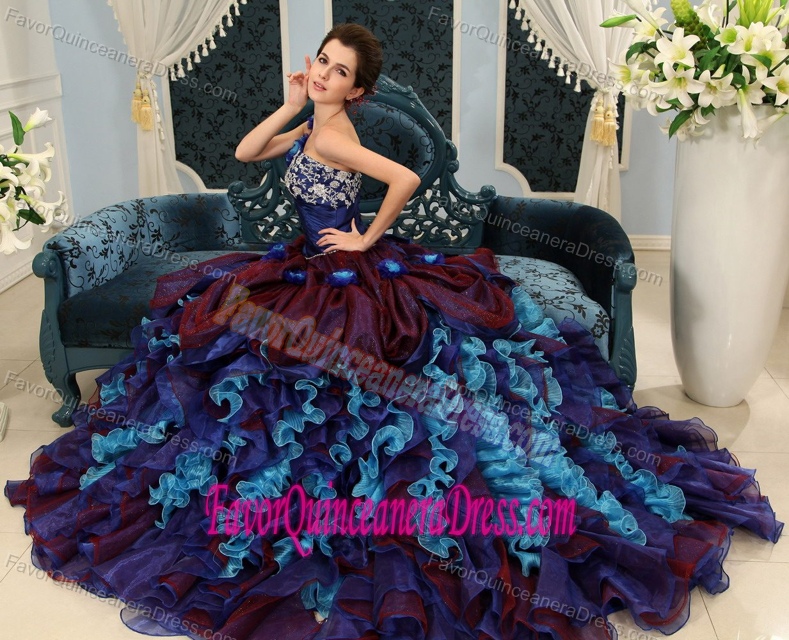 Latest Colorful Flowers One Shoulder Organza Quinces Dresses with Ruffles