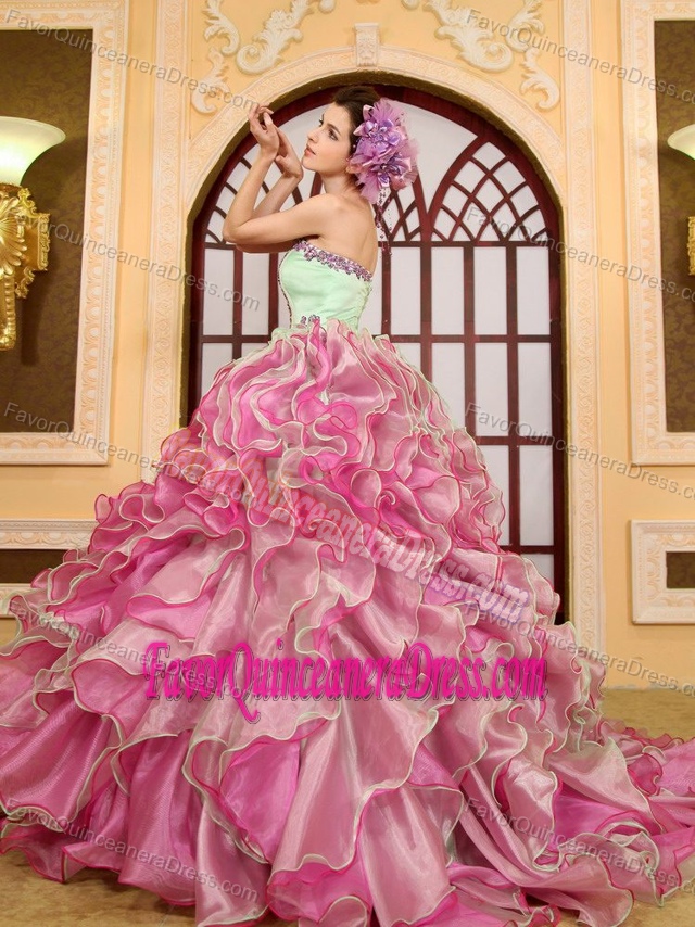 Perfect Green and Rose Pink Dress for Quinceanera with Ruffles in Organza