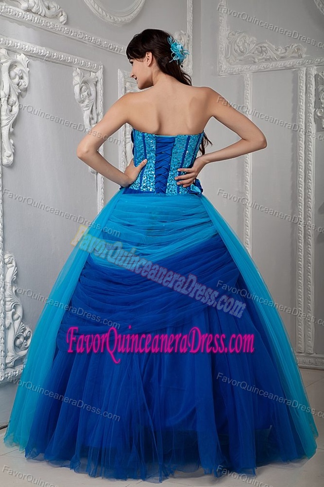 New Arrival Blue Tulle Dresses for Quinceaneras with Flowers and Sequins