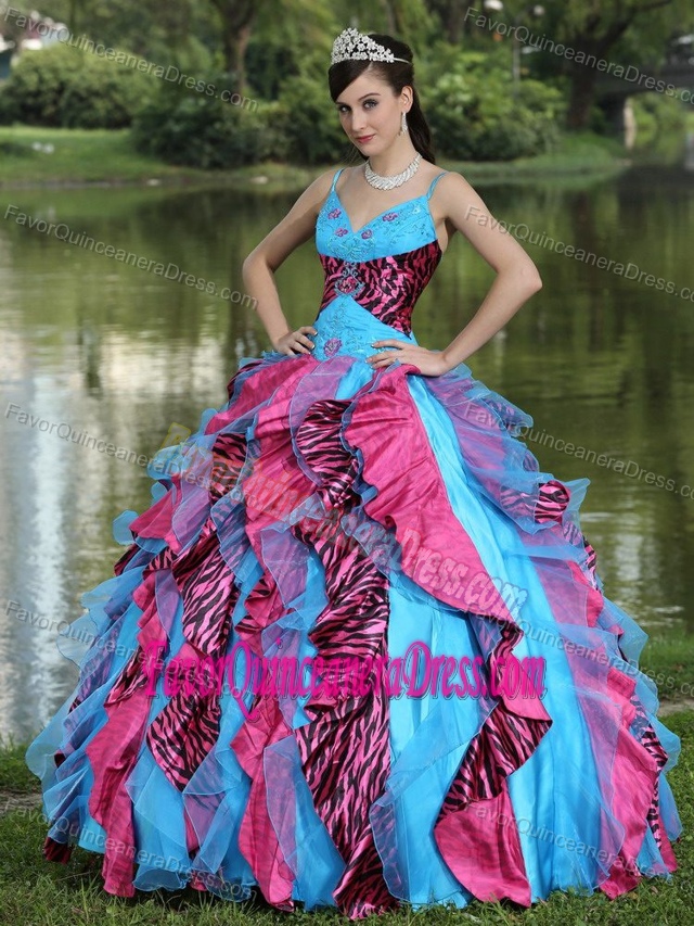 Latest Zebra Colorful Organza Quinces Dresses with Ruffle-layers and Straps