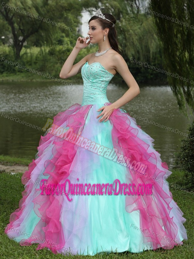 Lovely Apple Green and Hot Pink Organza Quinceanera Gowns with Ruffles