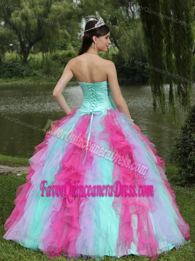 Lovely Apple Green and Hot Pink Organza Quinceanera Gowns with Ruffles