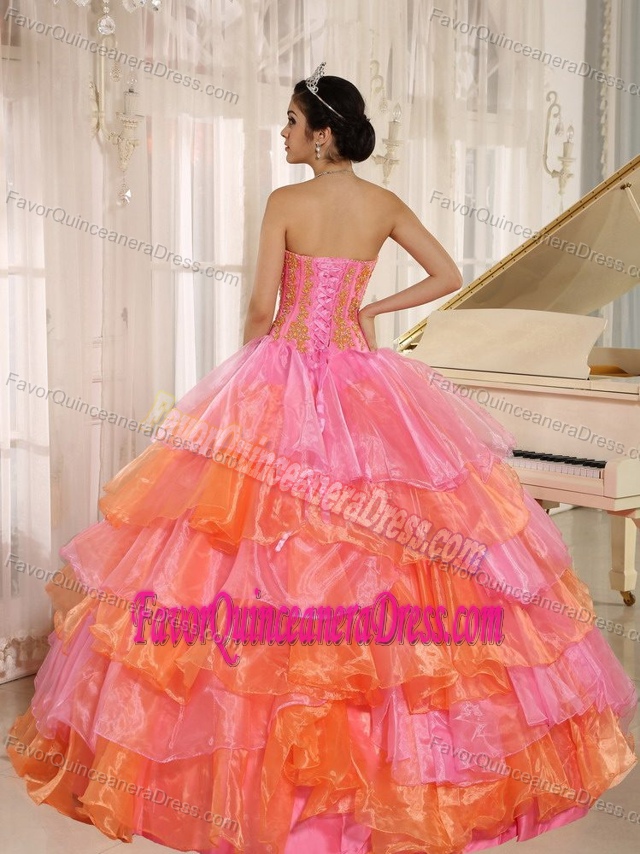Latest Pink and Orange Organza Dress for Quinceaneras with Ruffle-layers