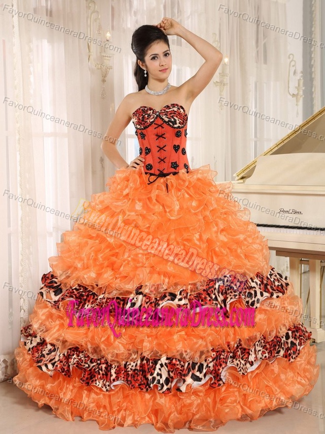 Wholesale Leopard Orange Quinceanera Gown Dress with Ruffles in Organza