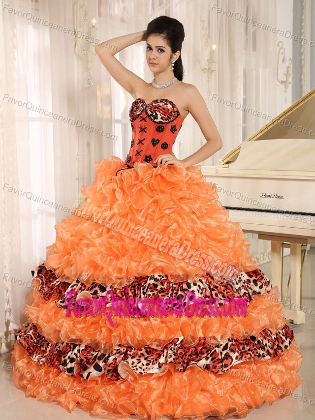 Wholesale Leopard Orange Quinceanera Gown Dress with Ruffles in Organza