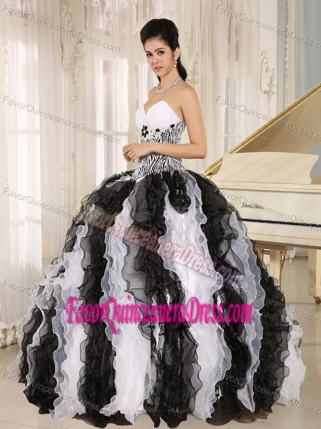 Perfect Black and White Organza Quince Dresses with Appliques and Ruffles