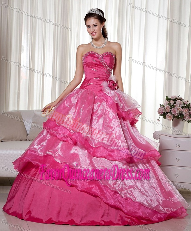 New Style Hot Pink Organza Dress for Quinceanera with Layers and Flower