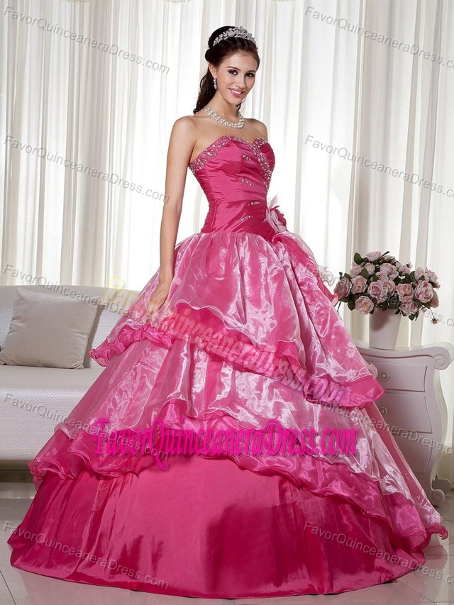 New Style Hot Pink Organza Dress for Quinceanera with Layers and Flower