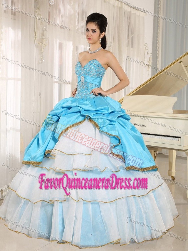 Popular Blue and White Organza Sweet 15 Dress with Pick-ups and Layers