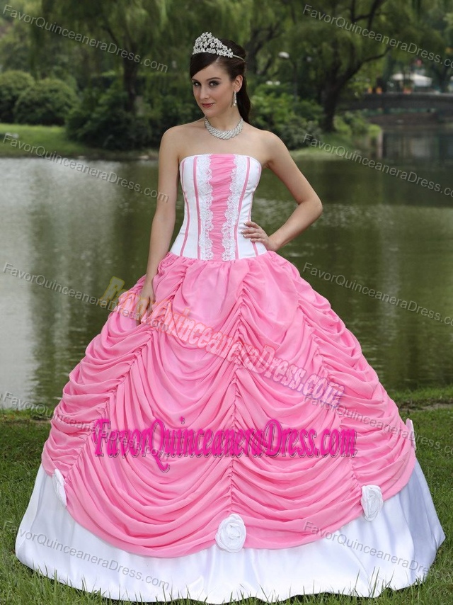 Perfect Pink and White Satin Quinceanera Gown with Flowers and Pick-ups
