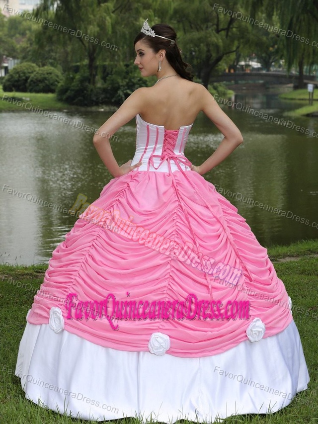 Perfect Pink and White Satin Quinceanera Gown with Flowers and Pick-ups