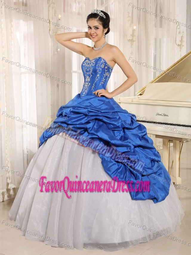 Brand New Blue and White Dress for Quinceaneras with Pick-ups in Taffeta