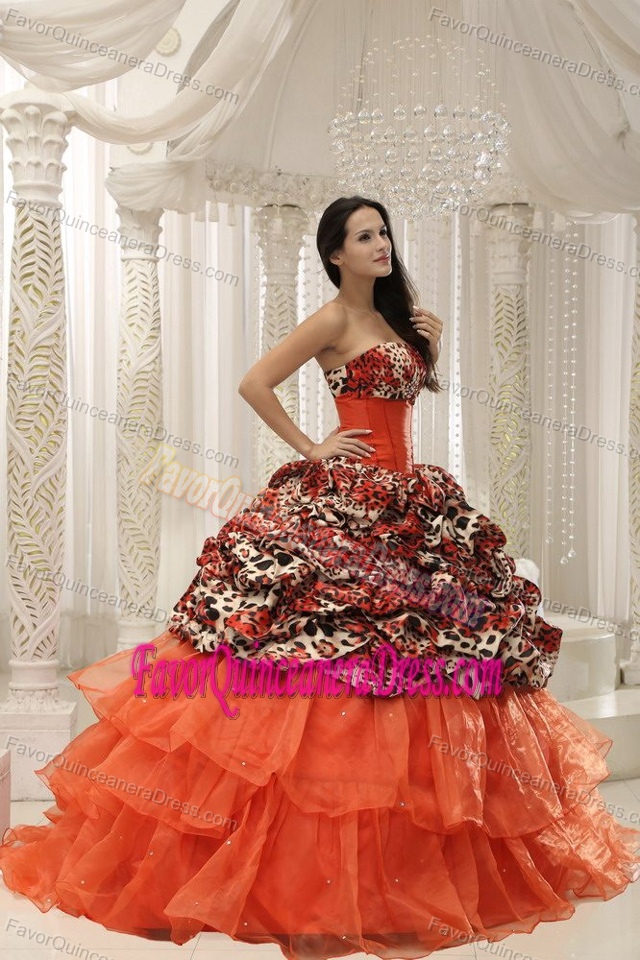 New Arrival Leopard Orange Organza Sweet Sixteen Dresses with Pick-ups