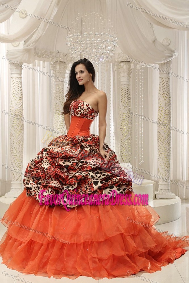 New Arrival Leopard Orange Organza Sweet Sixteen Dresses with Pick-ups
