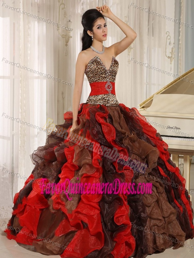 Special Leopard Colorful V-neck Organza Sweet Sixteen Dress with Ruffles