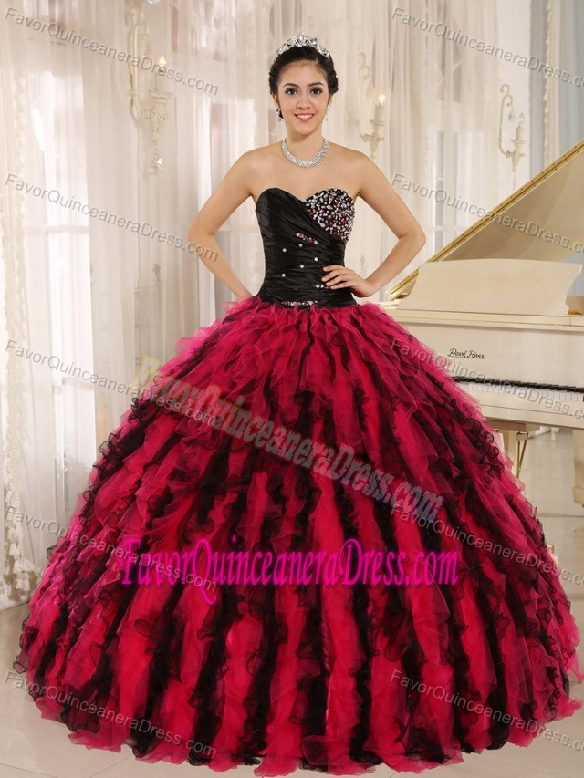 Special Black and Red Quinceanera Dress with Ruffles in Taffeta and Organza