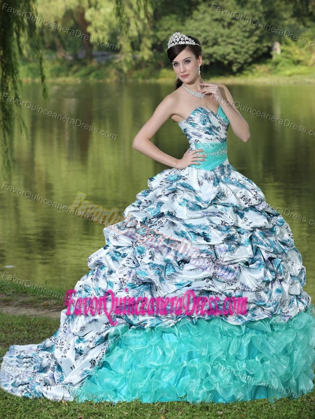 New Style Colorful Printed Sweet Sixteen Dresses with Pick-ups and Ruffles