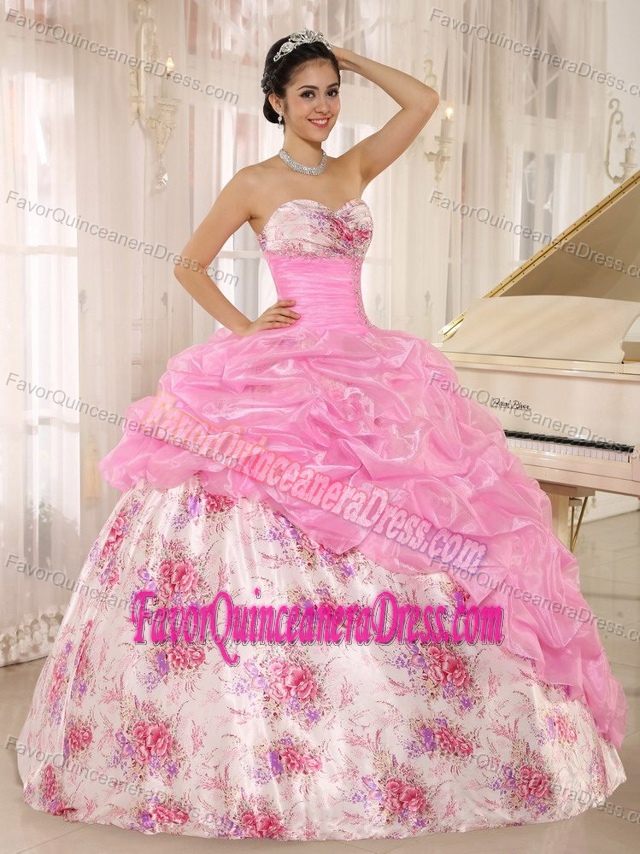 Hot Sale Printed Rose Pink Dress for Quinceaneras with Pick-ups in Taffeta